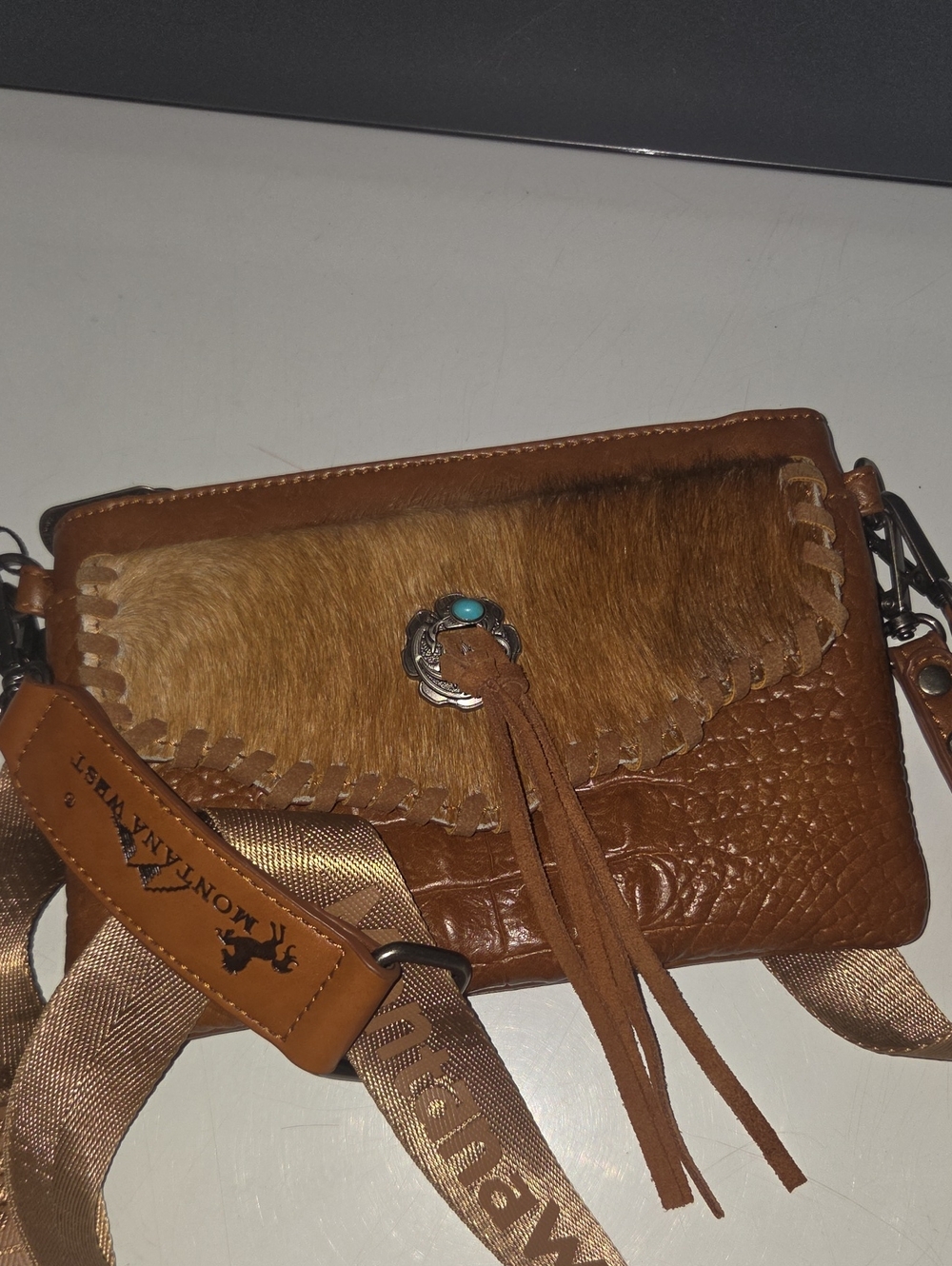 Montana West crossbody bag brown crocodile-embossed Leather Tassel